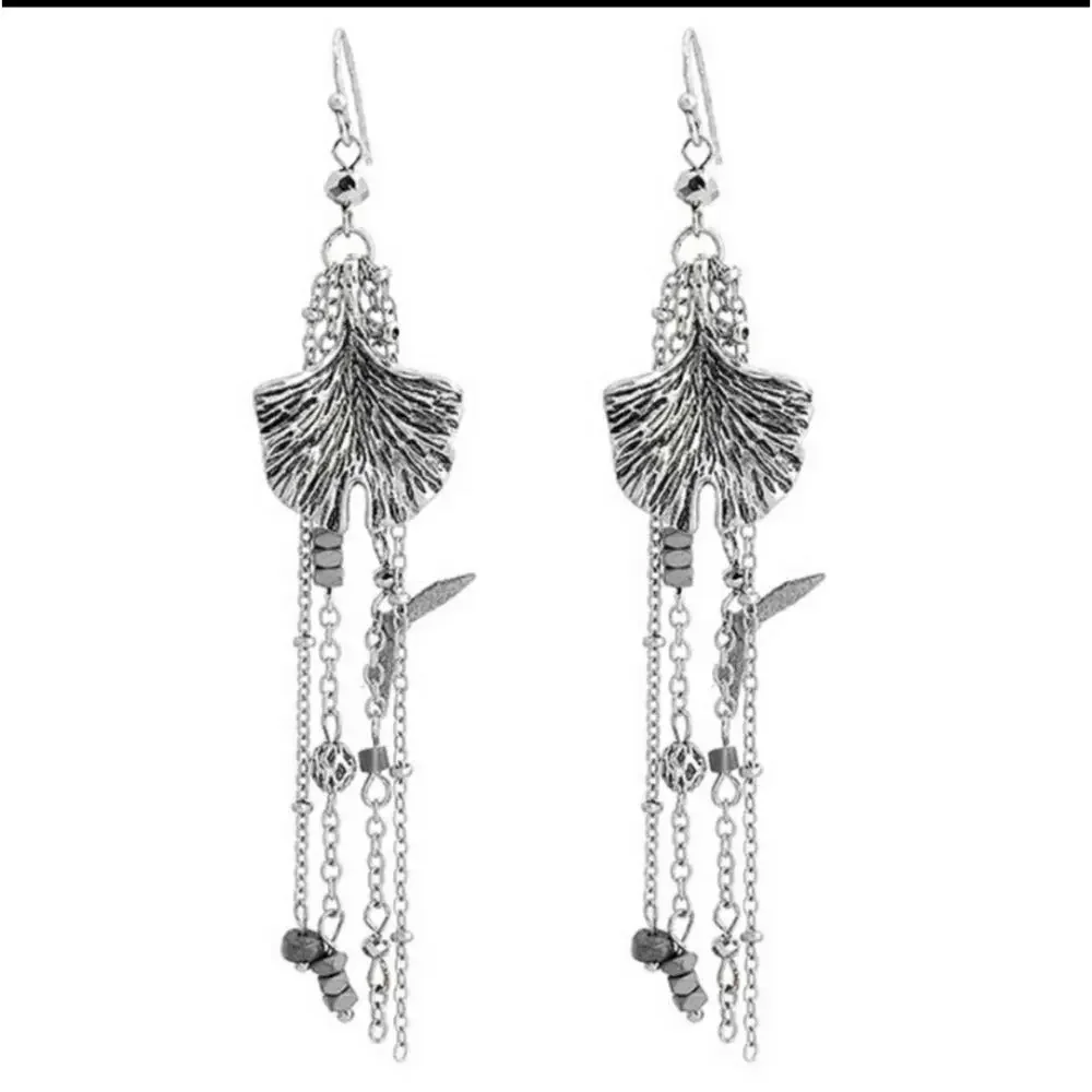 Leaf dangle jasper & hematite artisan made earrings silver - Picture 1 of 3